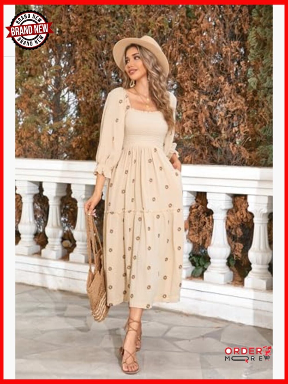 Long Sleeve Cotton Boho Midi Dress Square Neck Floral Embroidered Tiered Ruffle - Picture 5 of 7